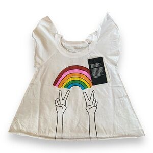 Chaser White Rainbow Peace T Shirt Girl’s Size 3 NWT Flutter Sleeves Swing Tee